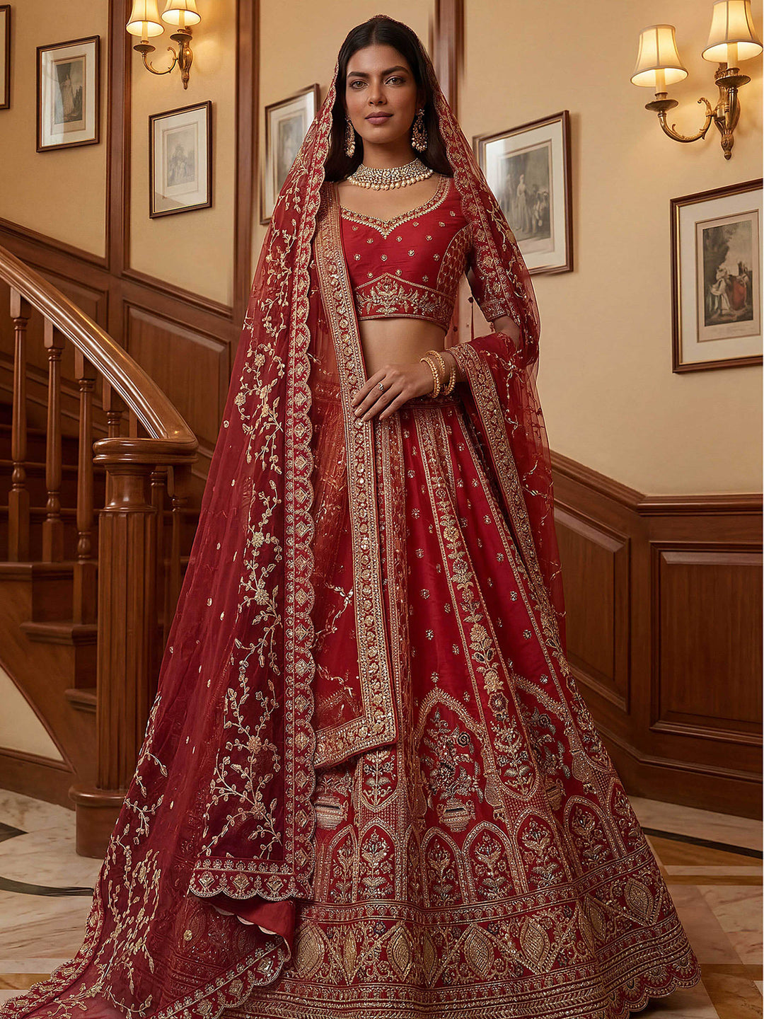 Red Hlame Semi Stitched Bridal Lehenga Choli with Embroidered Net Dupatta