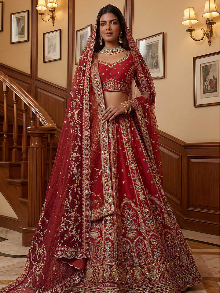 Red Hlame Semi Stitched Bridal Lehenga Choli with Embroidered Net Dupatta
