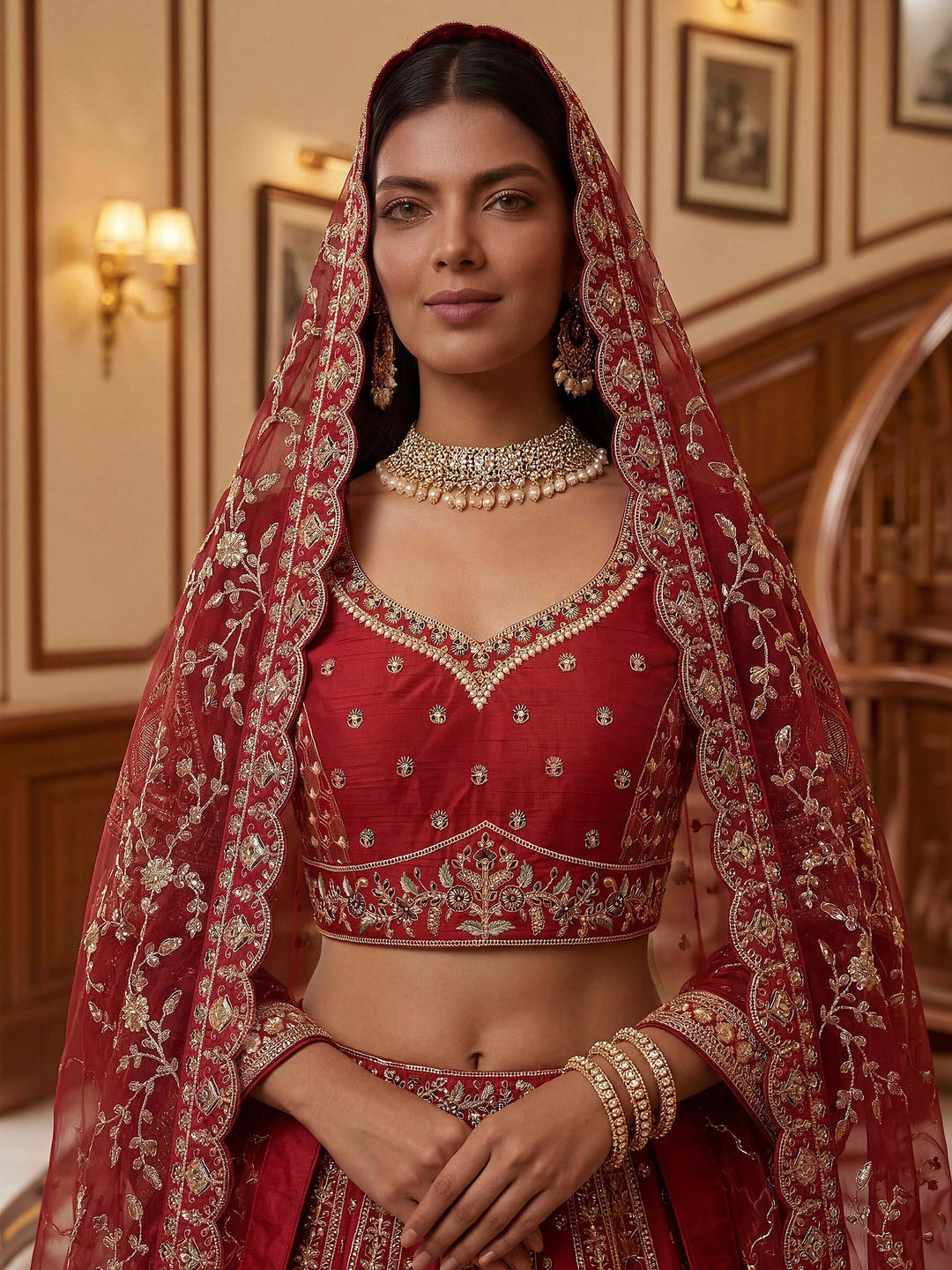Red Hlame Semi Stitched Bridal Lehenga Choli with Embroidered Net Dupatta