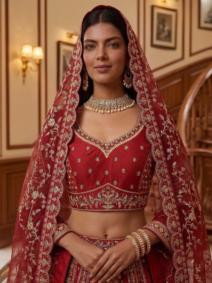 Red Hlame Semi Stitched Bridal Lehenga Choli with Embroidered Net Dupatta