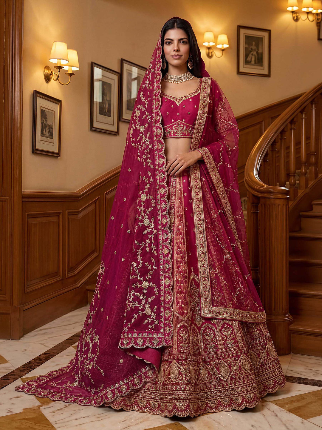 Pink Hlame Semi Stitched Bridal Lehenga Choli with Embroidered Net Dupatta