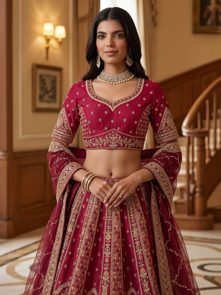 Pink Hlame Semi Stitched Bridal Lehenga Choli with Embroidered Net Dupatta