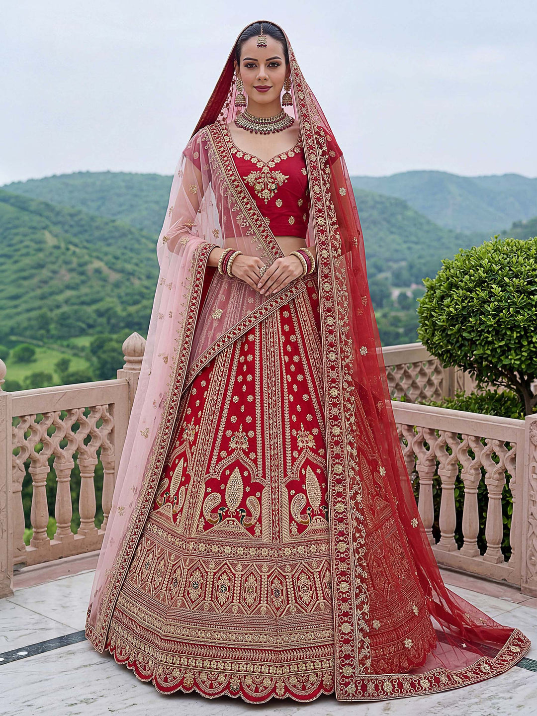 Orange Hlame Semi Stitched Bridal Lehenga Choli with Embroidered Net Dupatta