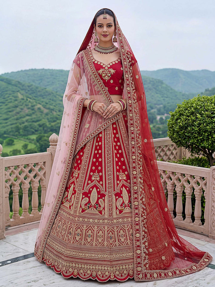 Orange Hlame Semi Stitched Bridal Lehenga Choli with Embroidered Net Dupatta