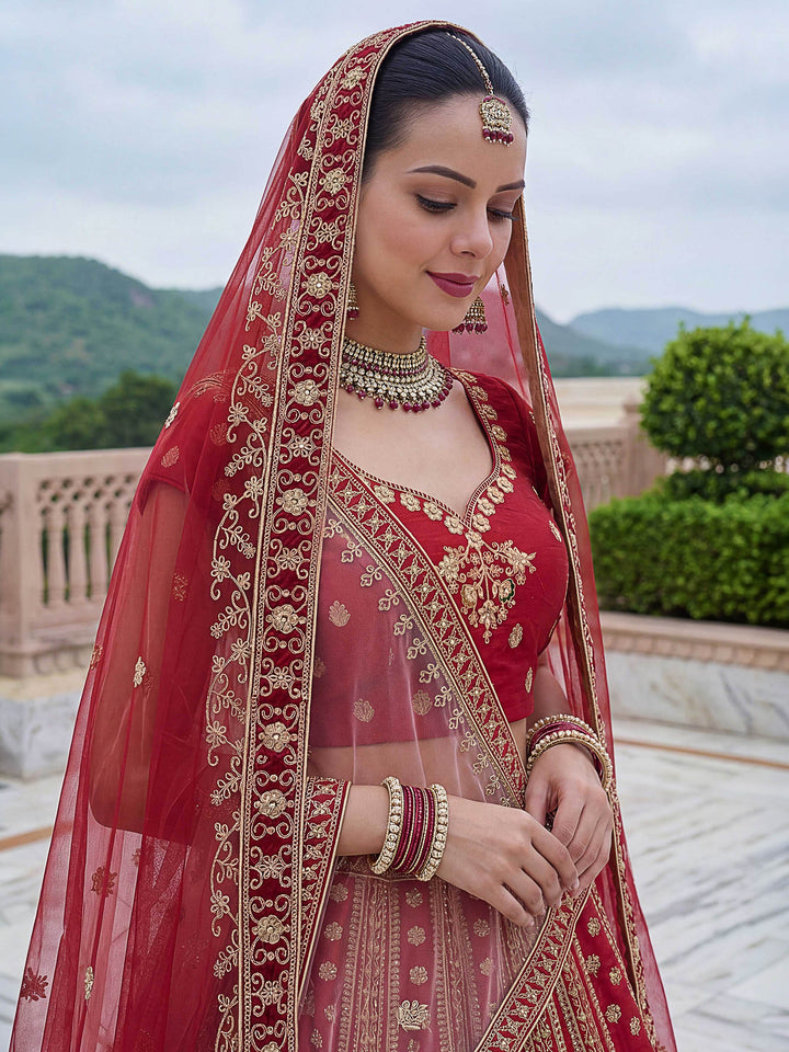 Orange Hlame Semi Stitched Bridal Lehenga Choli with Embroidered Net Dupatta