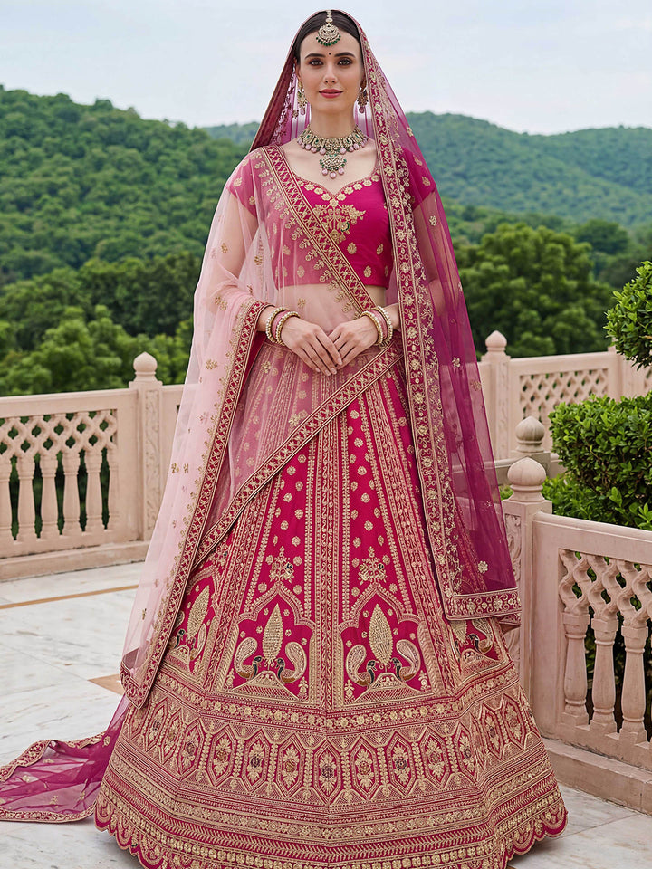 Red Hlame Semi Stitched Bridal Lehenga Choli with Embroidered Net Dupatta