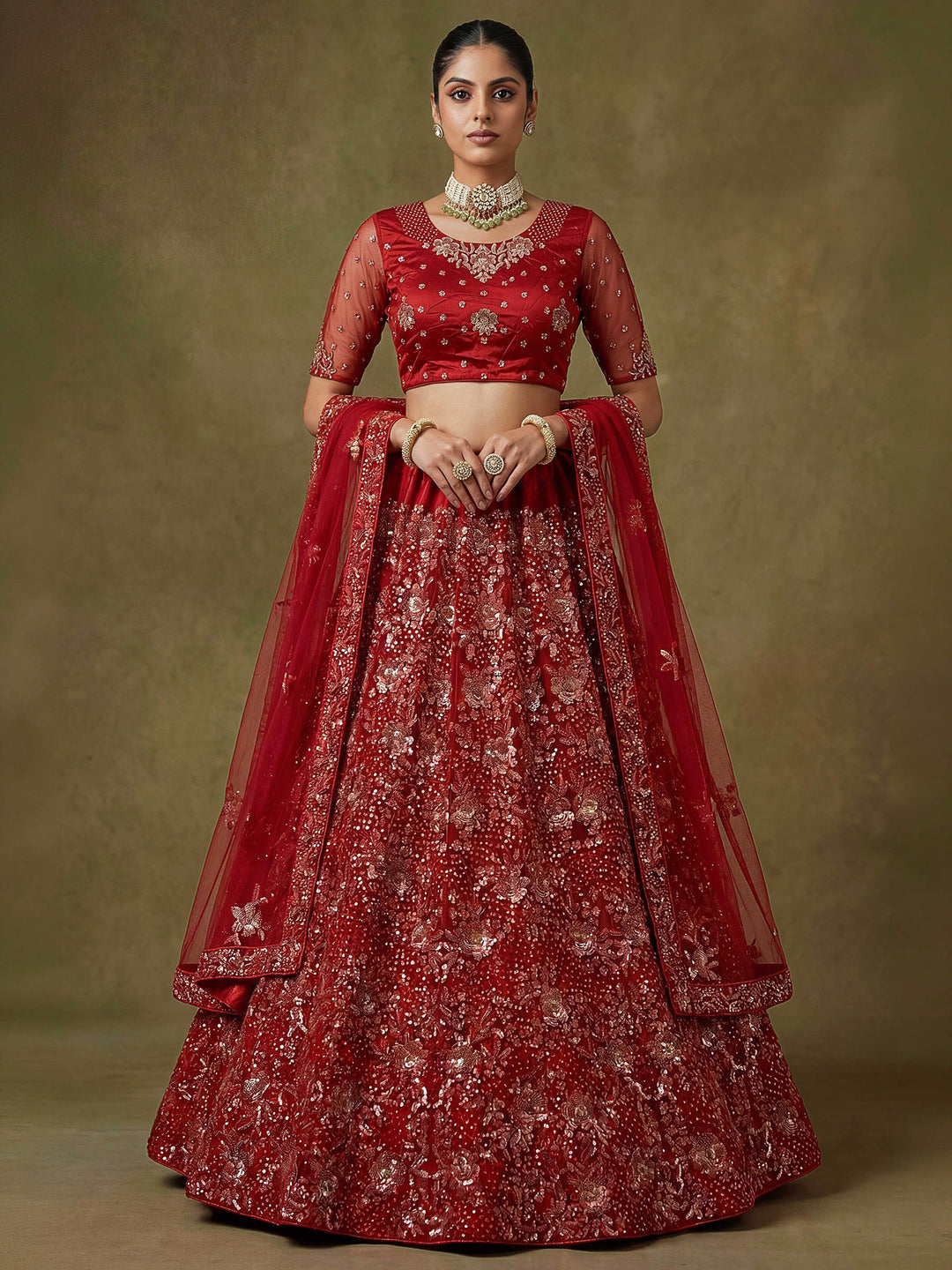 Pink Net Semi Stitched Bridal Lehenga Choli with Embroidered Net Dupatta