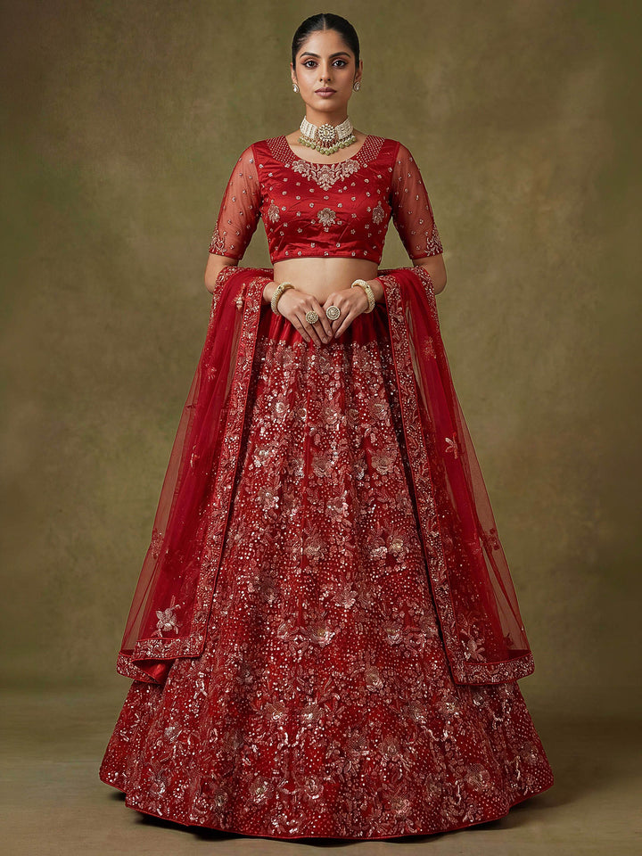 Pink Net Semi Stitched Bridal Lehenga Choli with Embroidered Net Dupatta