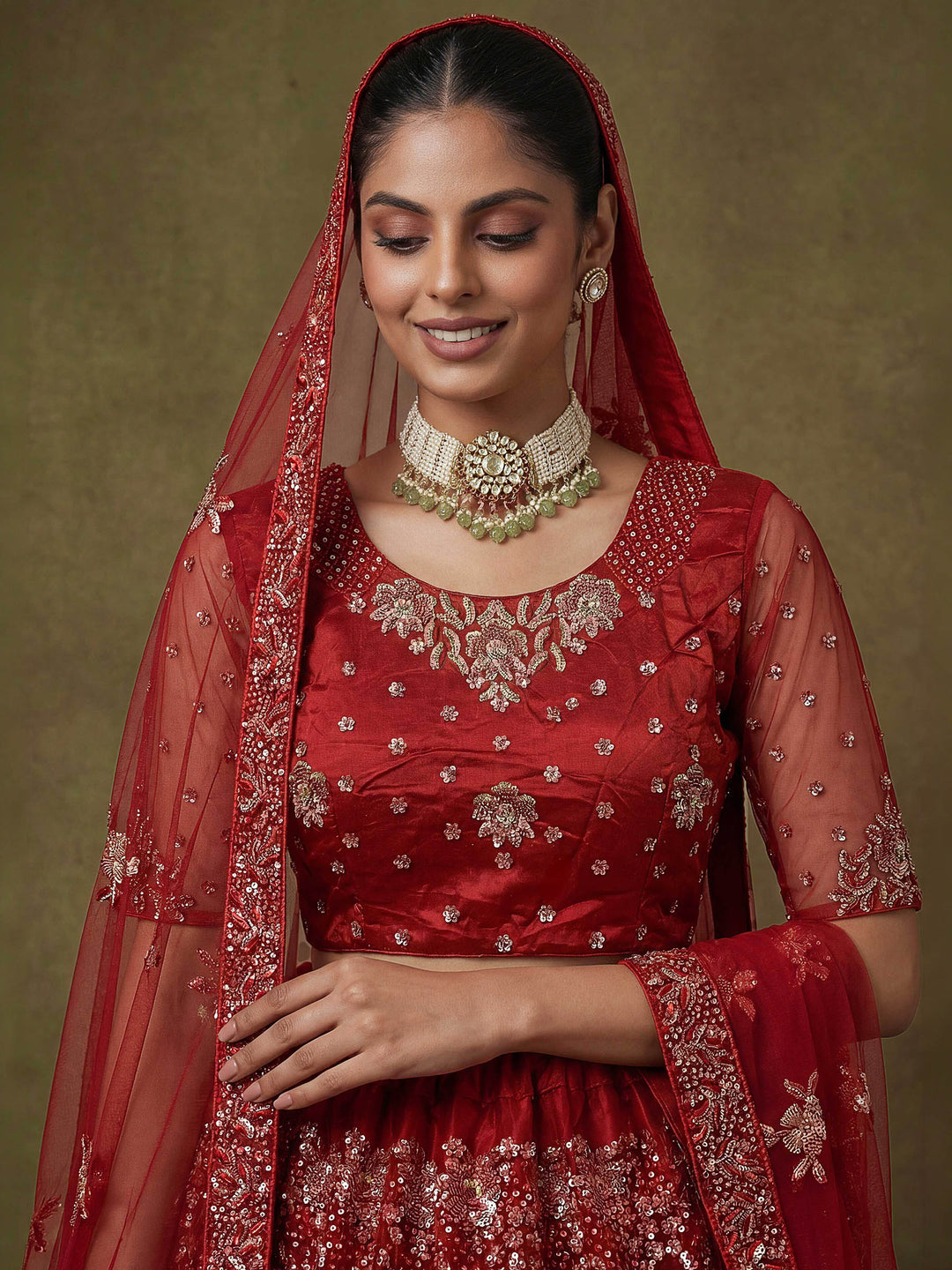 Pink Net Semi Stitched Bridal Lehenga Choli with Embroidered Net Dupatta