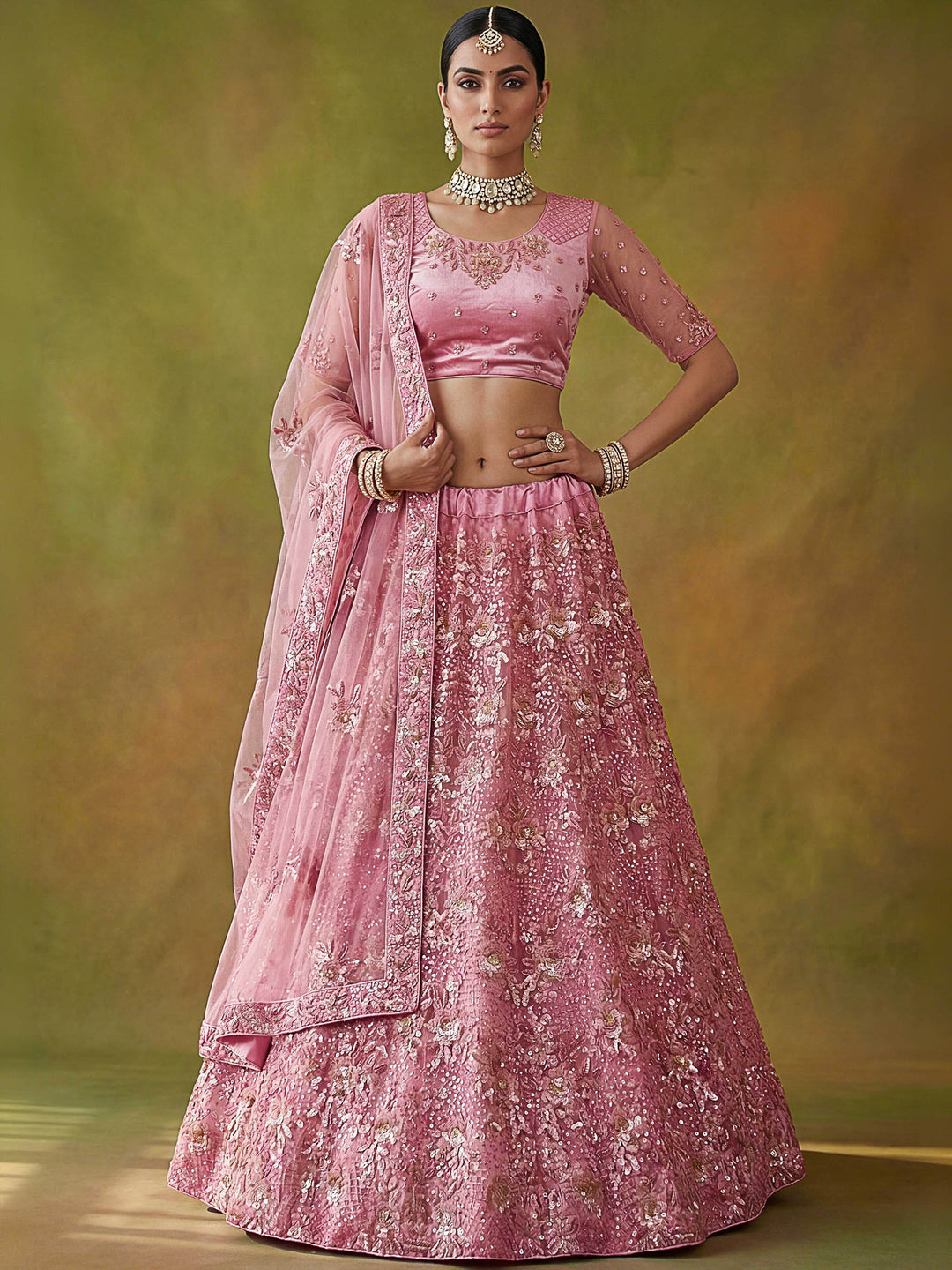 Lilac Hlame Semi Stitched Bridal Lehenga Choli with Embroidered Net Dupatta