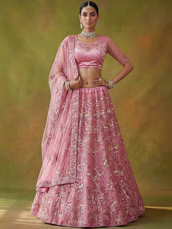 Lilac Hlame Semi Stitched Bridal Lehenga Choli with Embroidered Net Dupatta