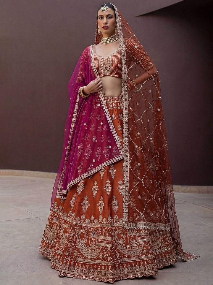 Orange Hlame Semi Stitched Bridal Lehenga Choli with Embroidered Net Dupatta