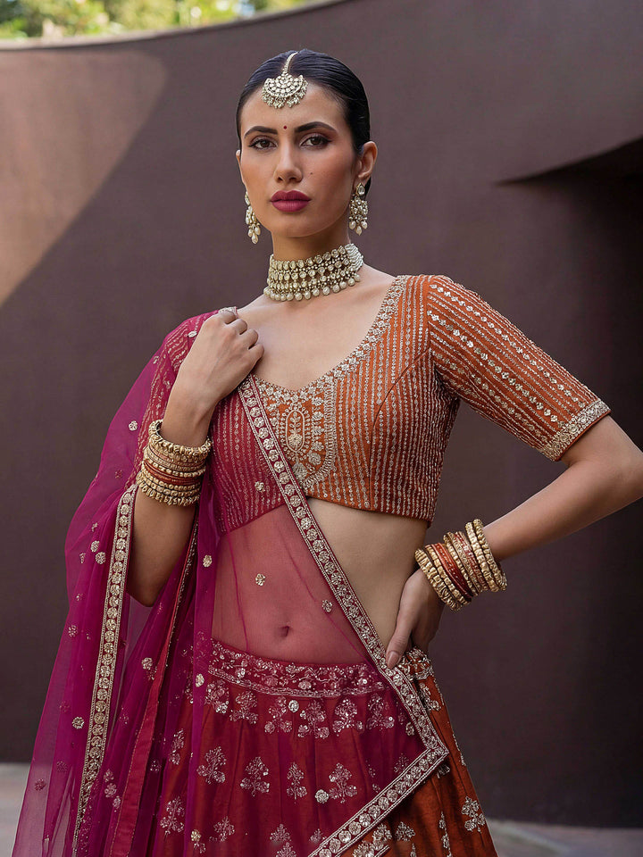 Orange Hlame Semi Stitched Bridal Lehenga Choli with Embroidered Net Dupatta