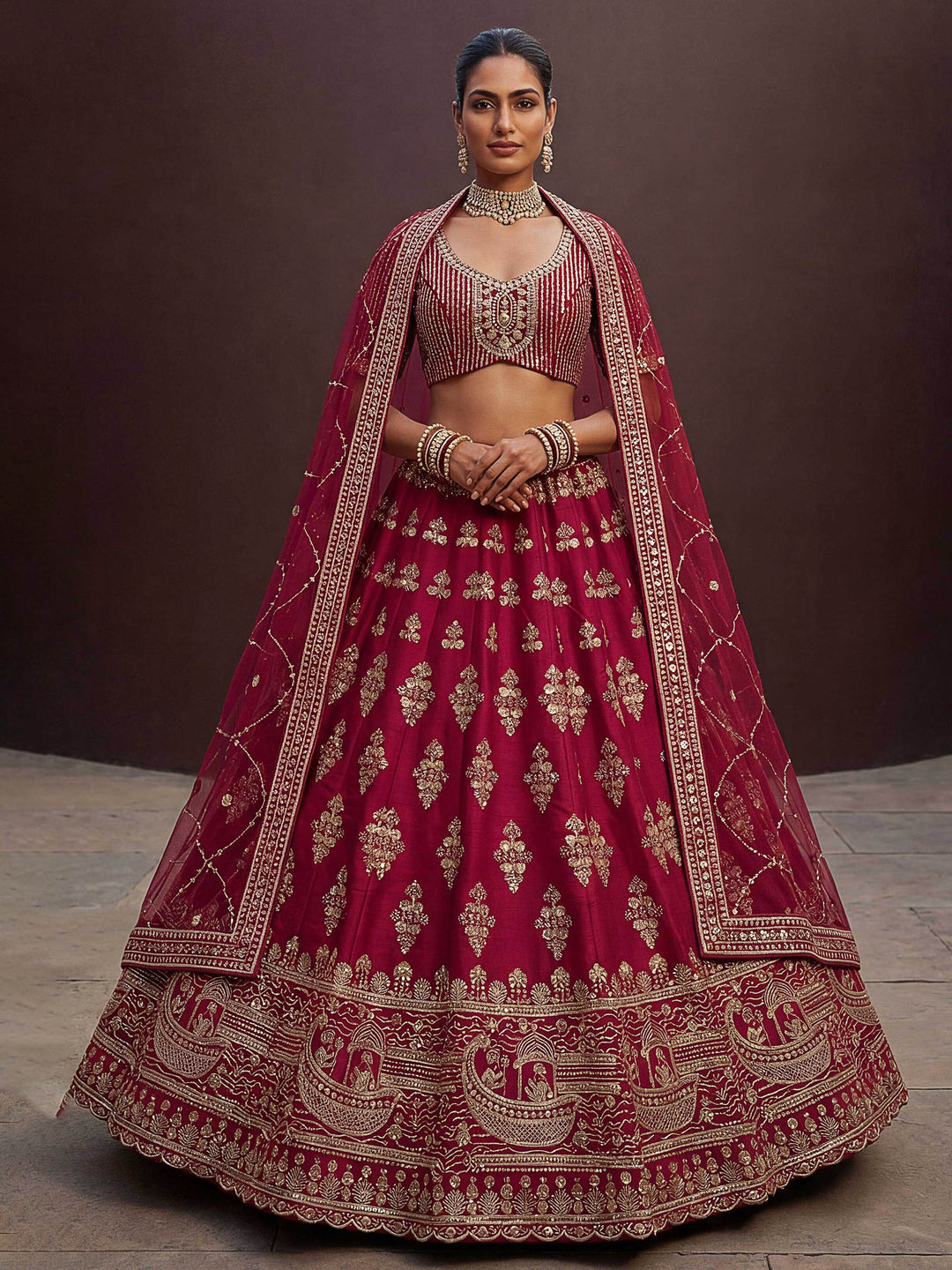 Red Hlame Semi Stitched Bridal Lehenga Choli with Embroidered Net Dupatta