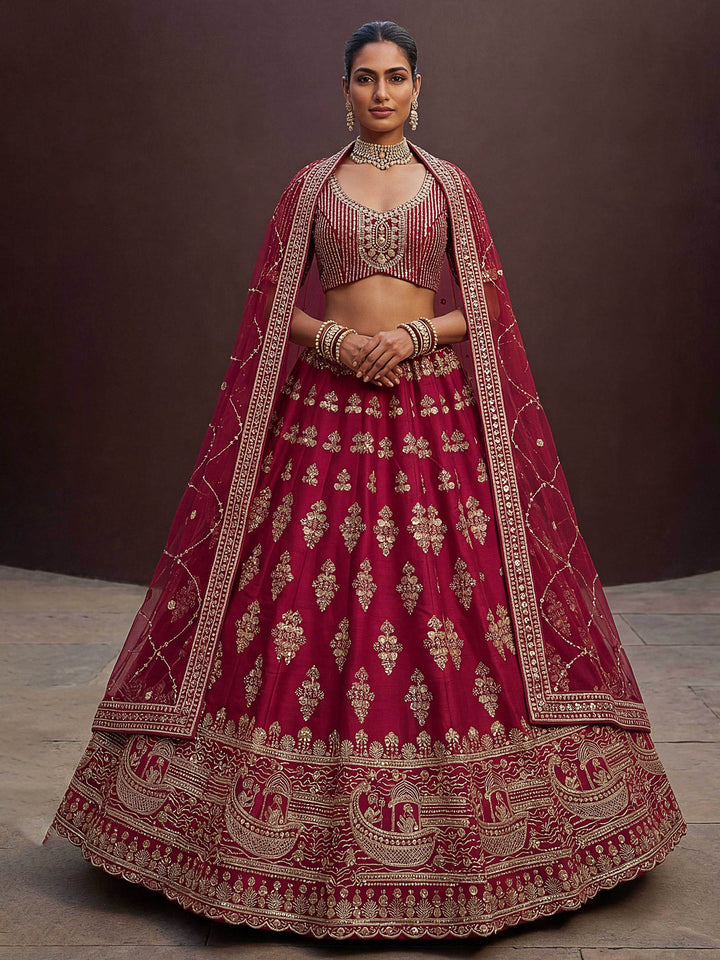 Red Hlame Semi Stitched Bridal Lehenga Choli with Embroidered Net Dupatta