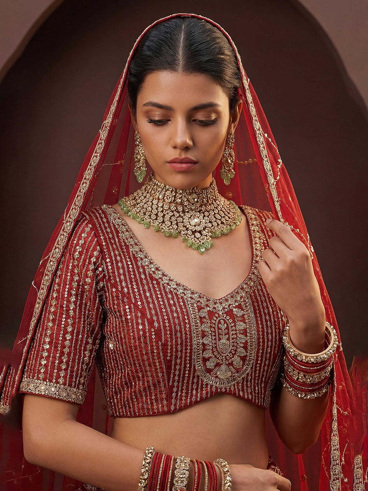 Red Hlame Semi Stitched Bridal Lehenga Choli with Embroidered Net Dupatta