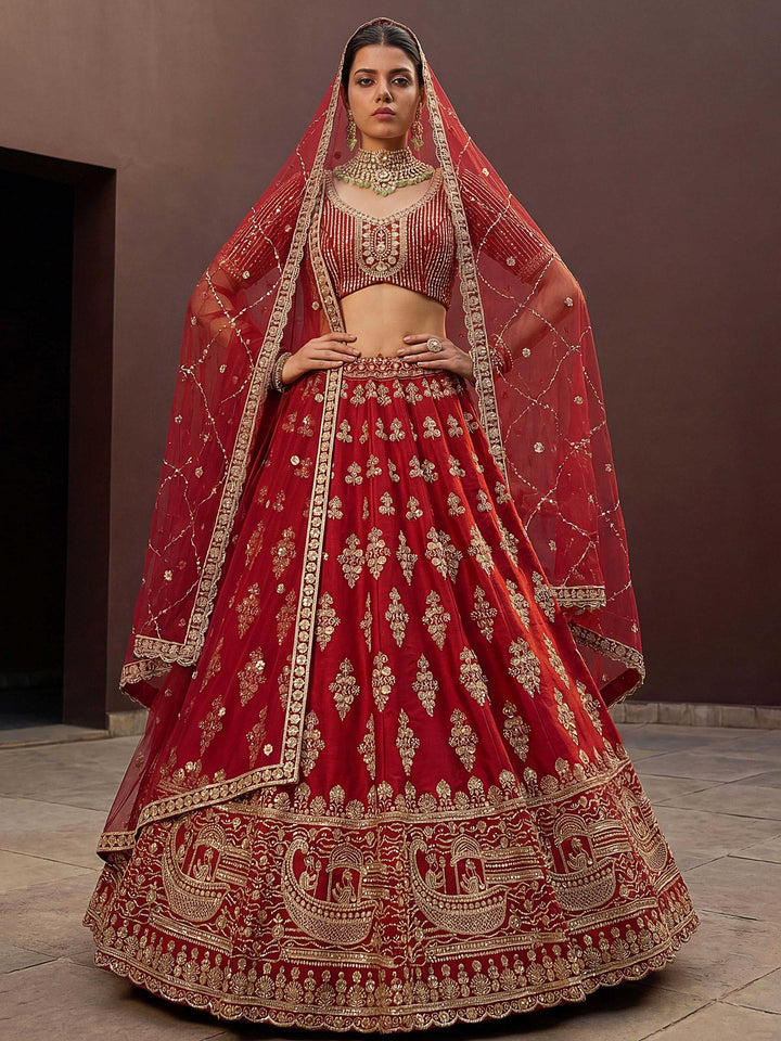 Rani Net Semi Stitched Bridal Lehenga Choli with Embroidered Net Dupatta