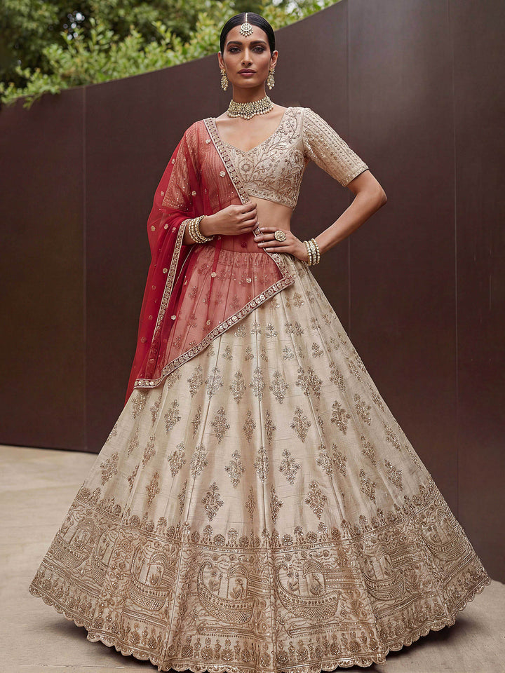 Off White Hlame Semi Stitched Bridal Lehenga Choli with Embroidered Net Dupatta