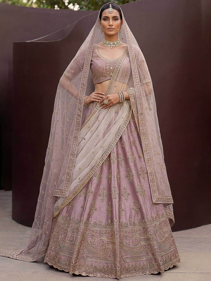 Lilac Hlame Semi Stitched Bridal Lehenga Choli with Embroidered Net Dupatta