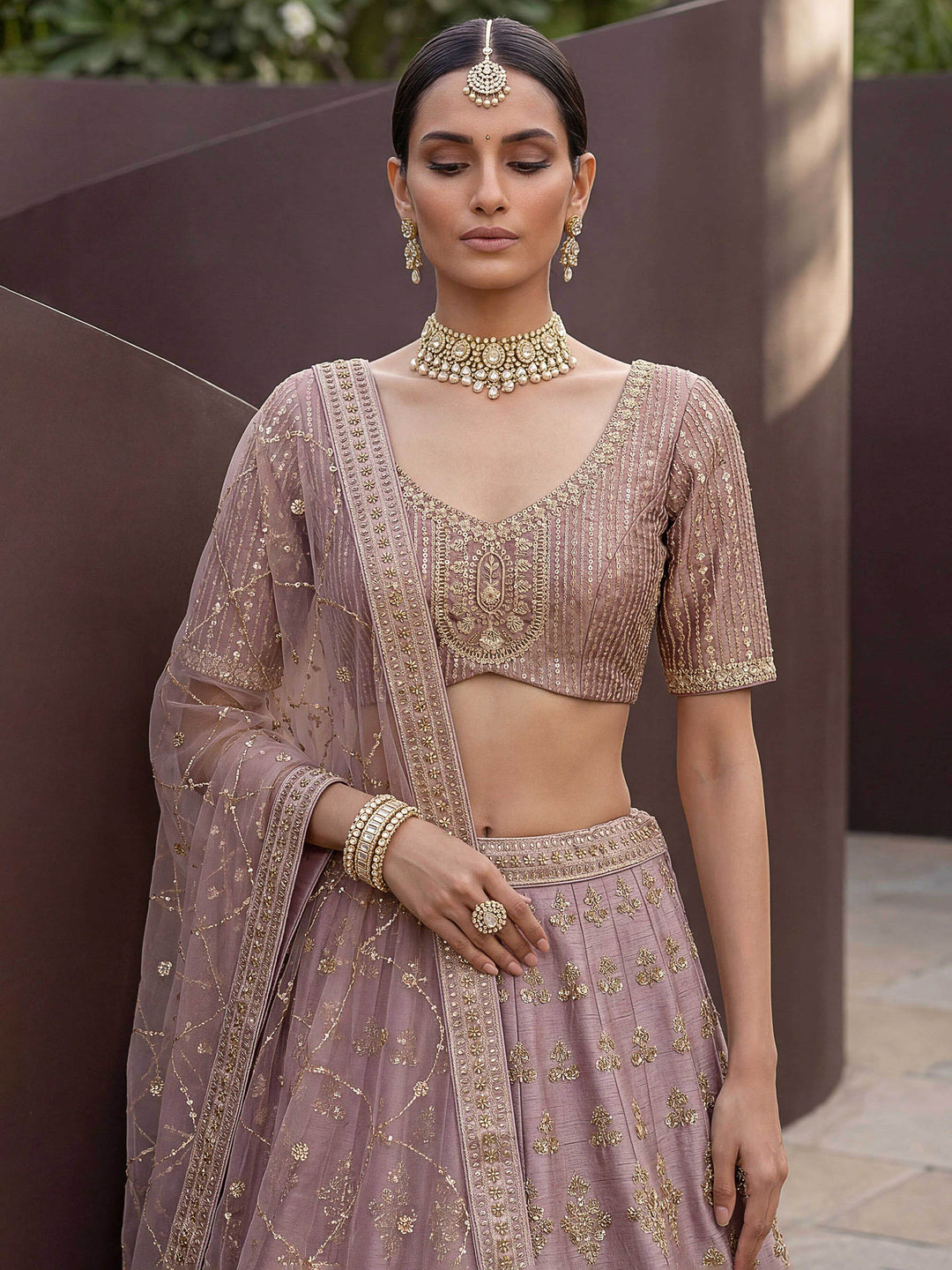 Lilac Hlame Semi Stitched Bridal Lehenga Choli with Embroidered Net Dupatta