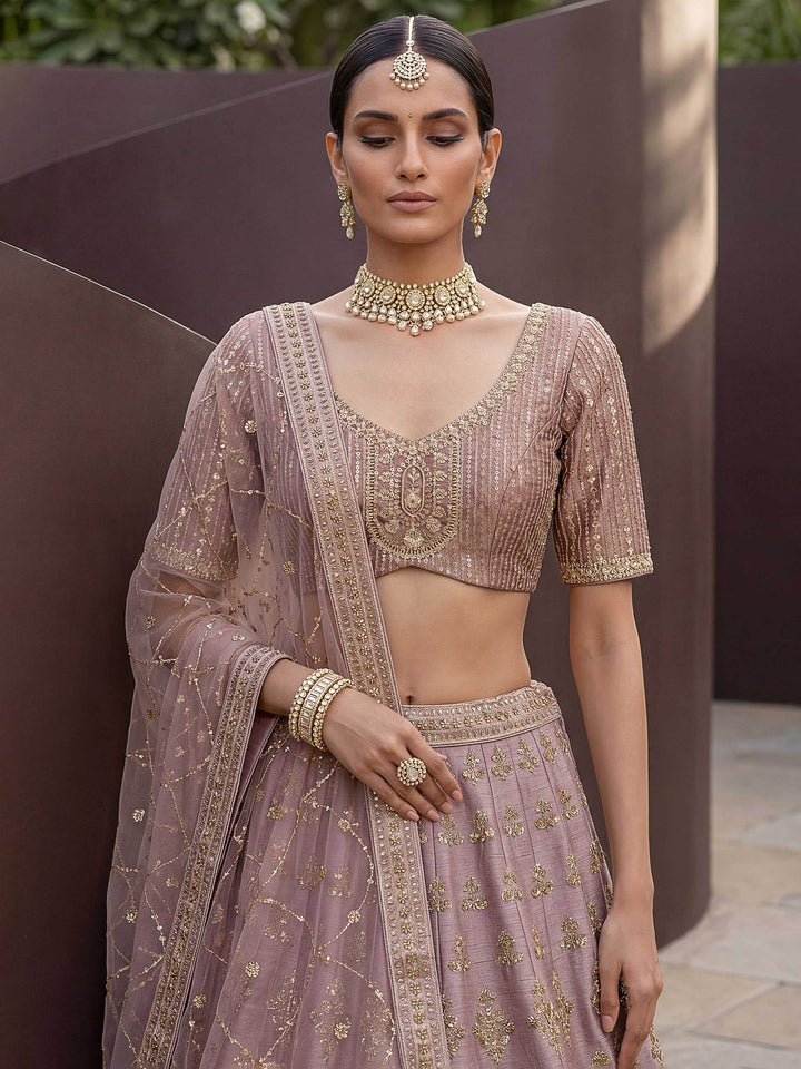 Lilac Hlame Semi Stitched Bridal Lehenga Choli with Embroidered Net Dupatta