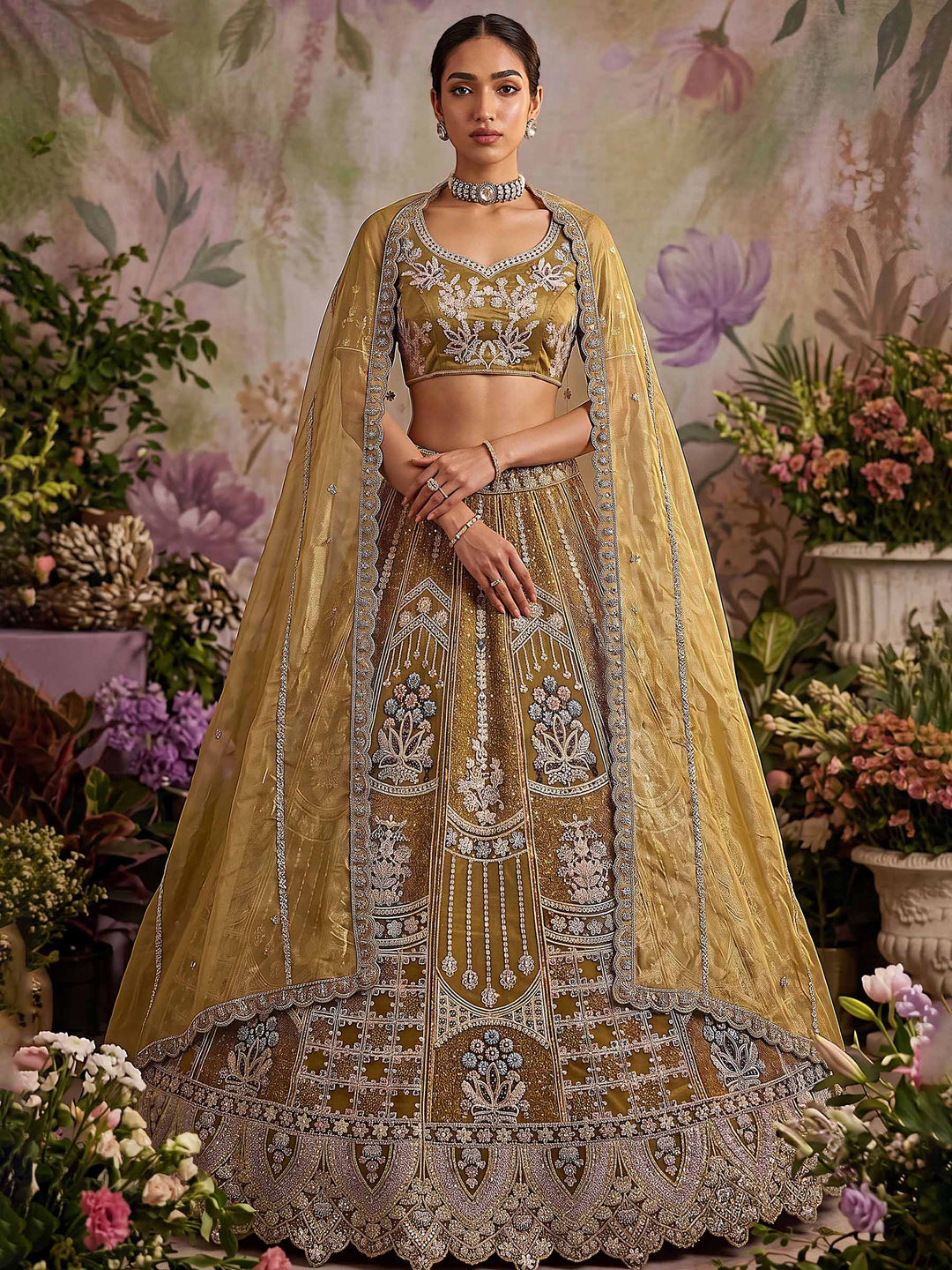 Brown Net Semi Stitched Bridal Lehenga Choli with Embroidered Net Dupatta