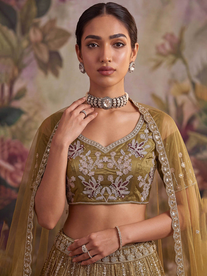 Brown Net Semi Stitched Bridal Lehenga Choli with Embroidered Net Dupatta