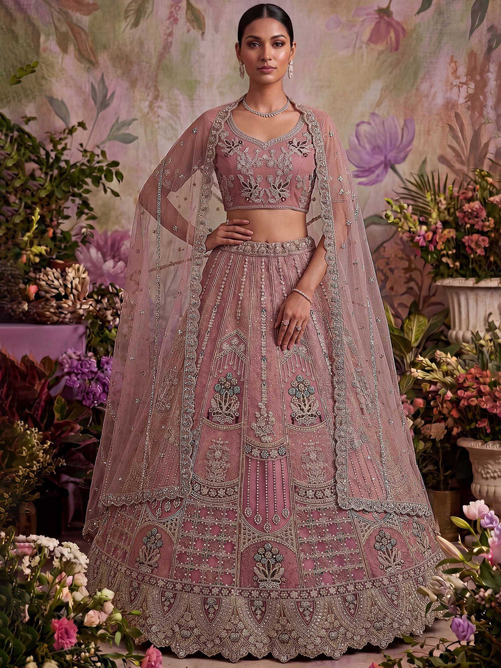 Pink Net Semi Stitched Bridal Lehenga Choli with Embroidered Net Dupatta