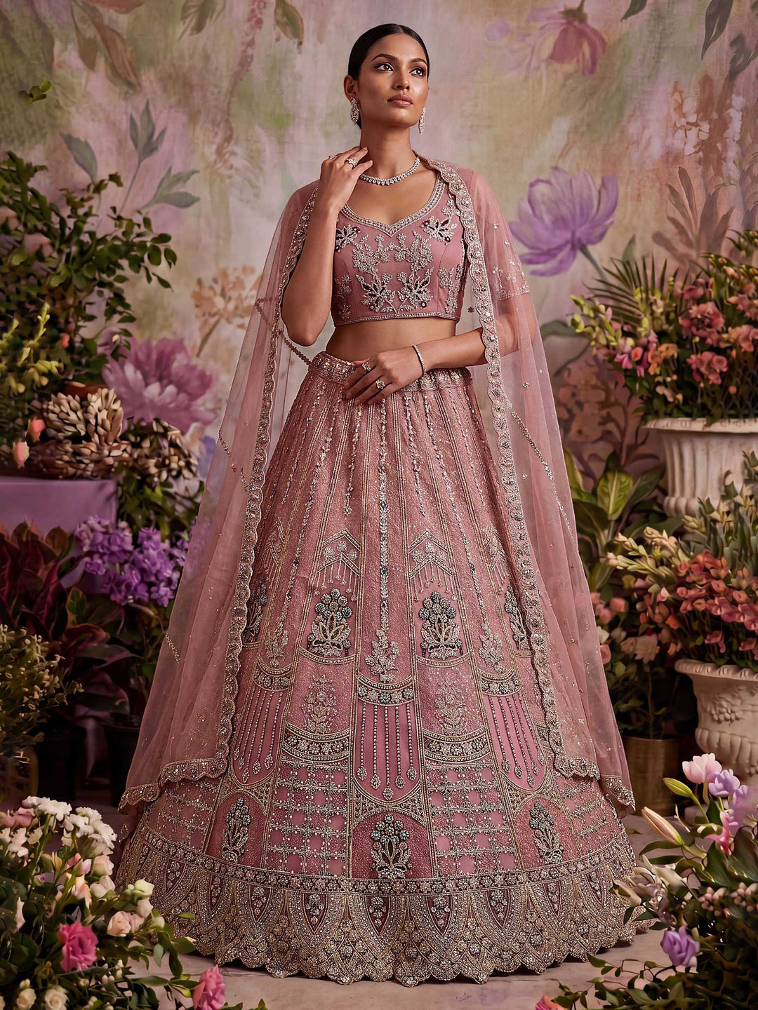 Pink Net Semi Stitched Bridal Lehenga Choli with Embroidered Net Dupatta