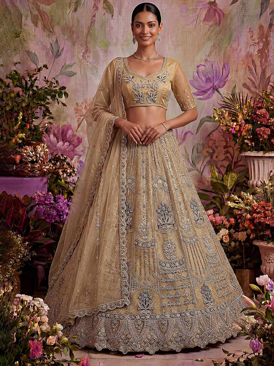 Beige Net Semi Stitched Bridal Lehenga Choli with Embroidered Net Dupatta