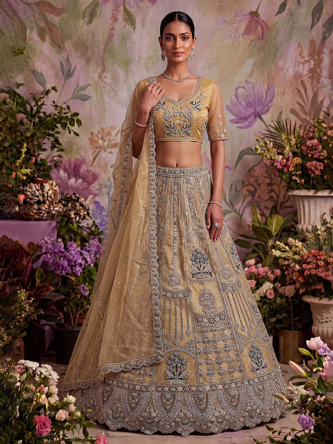Beige Net Semi Stitched Bridal Lehenga Choli with Embroidered Net Dupatta