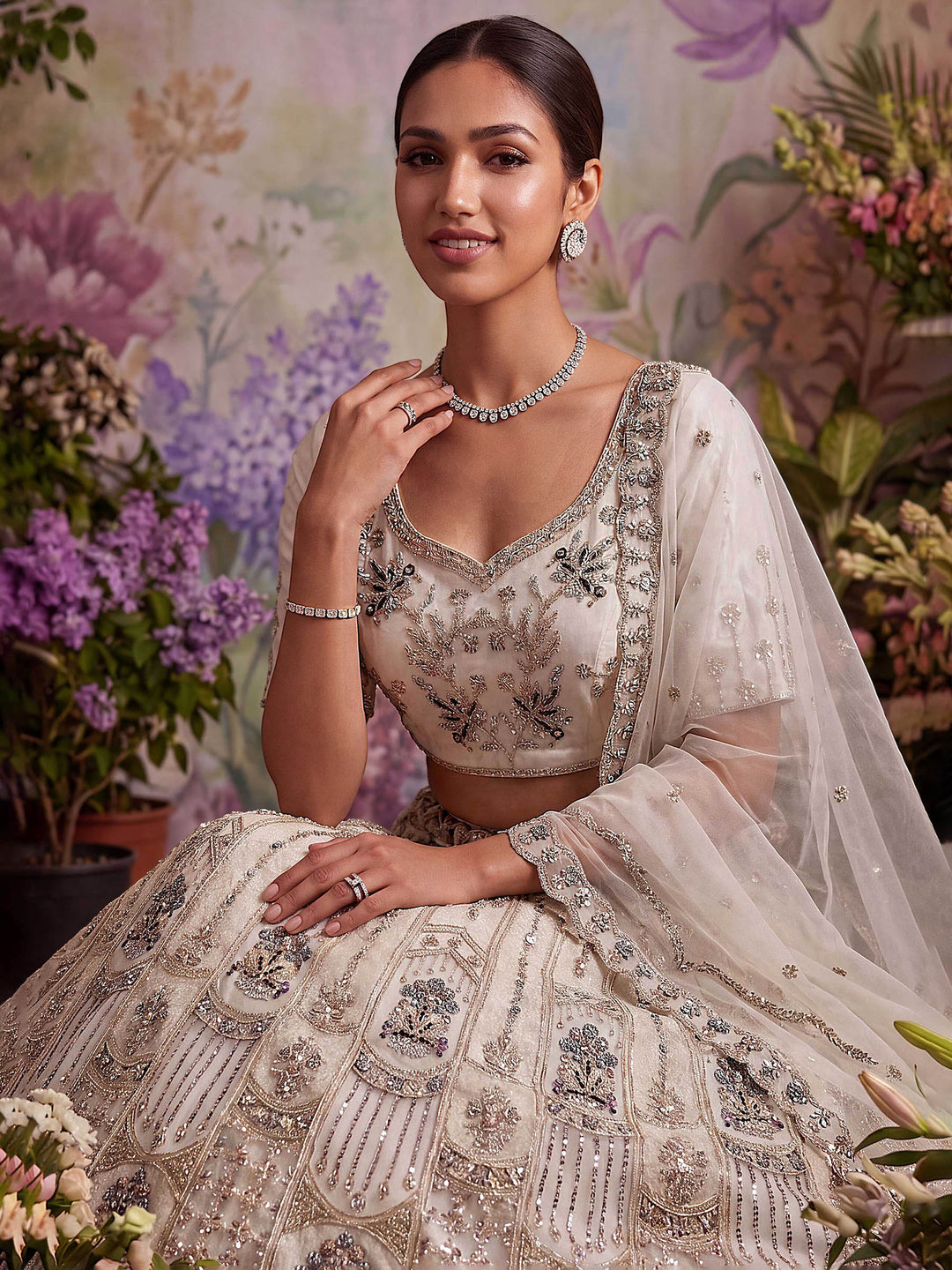 Off White Net Semi Stitched Bridal Lehenga Choli with Embroidered Net Dupatta