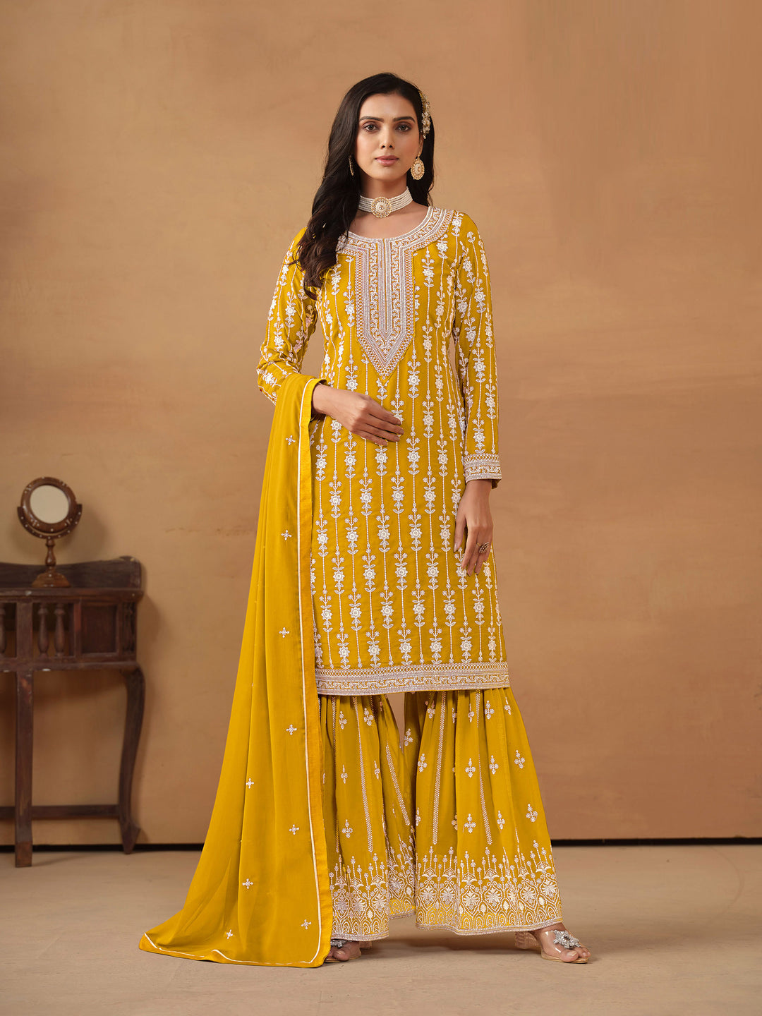 Yellow Embroidered Georgette Semi Stitched Kurta With Sharara &amp; Dupatta