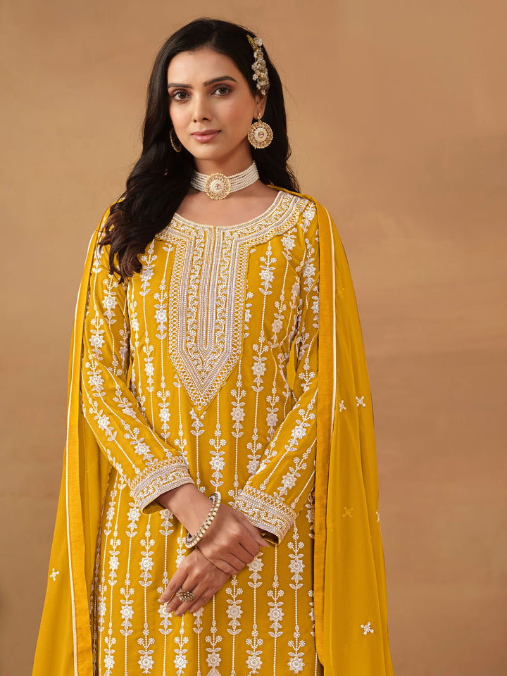 Yellow Embroidered Georgette Semi Stitched Kurta With Sharara &amp; Dupatta