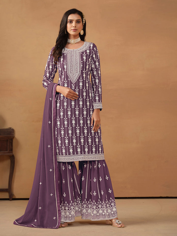Purple Embroidered Georgette Semi Stitched Kurta With Sharara &amp; Dupatta