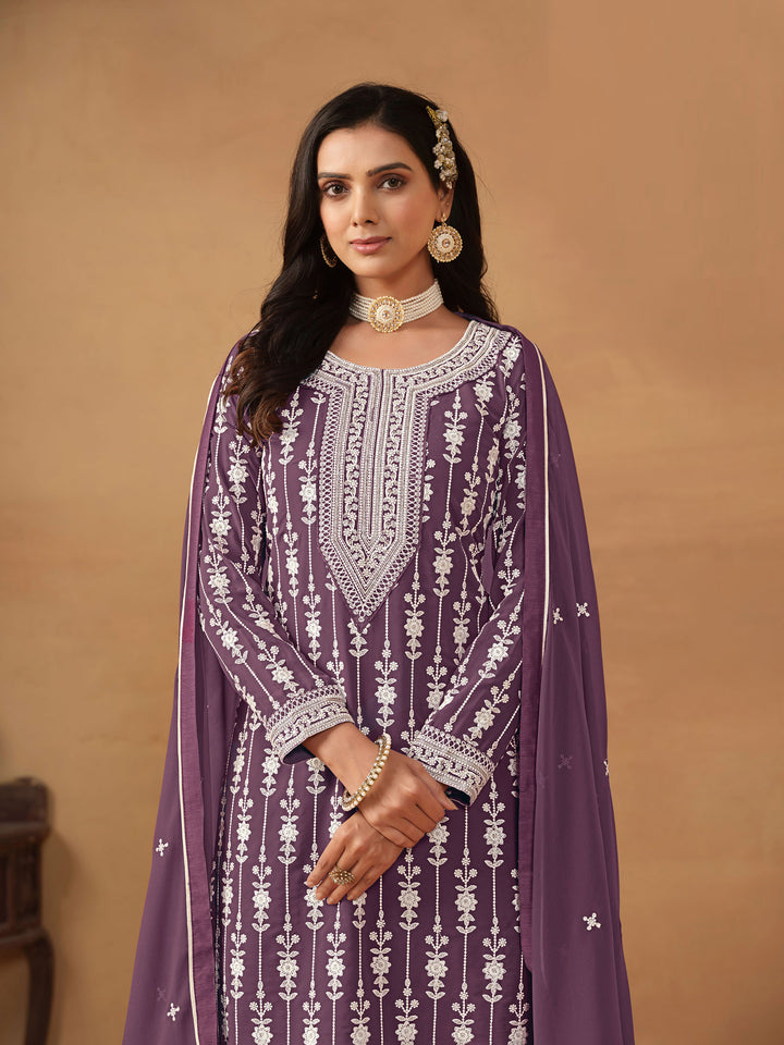 Purple Embroidered Georgette Semi Stitched Kurta With Sharara &amp; Dupatta
