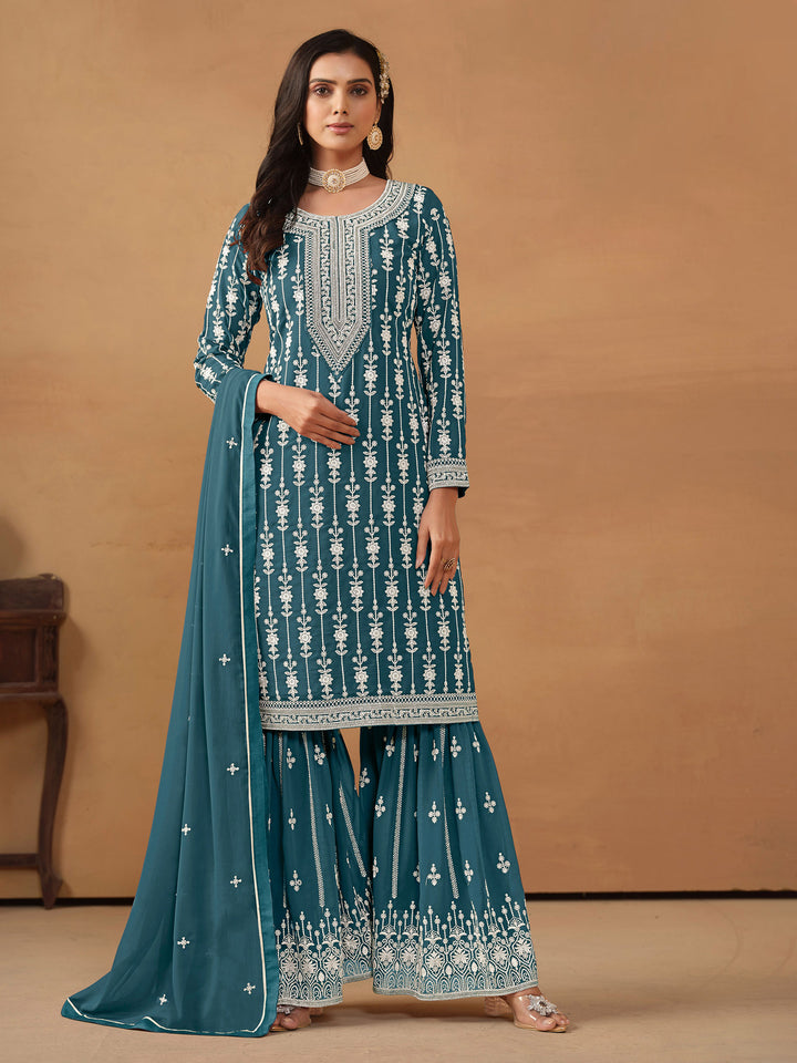 Teal Blue Embroidered Georgette Semi Stitched Kurta With Sharara &amp; Dupatta