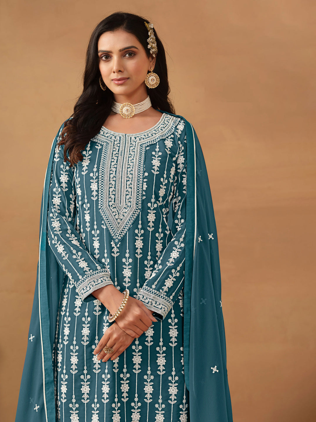 Teal Blue Embroidered Georgette Semi Stitched Kurta With Sharara &amp; Dupatta