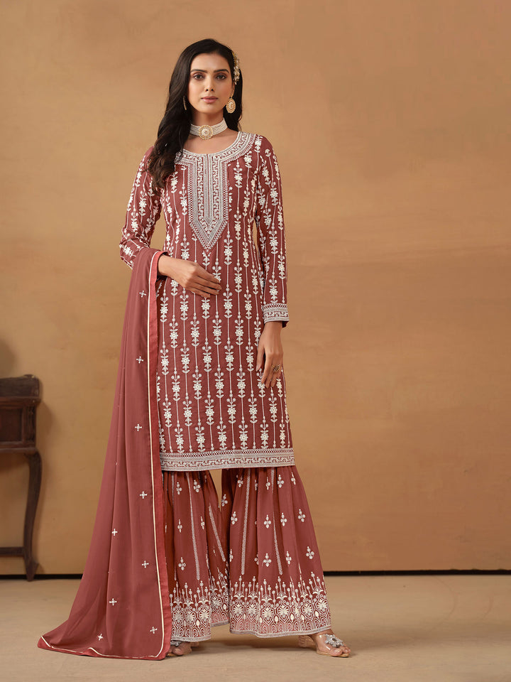 Rose Embroidered Georgette Semi Stitched Kurta With Sharara &amp; Dupatta