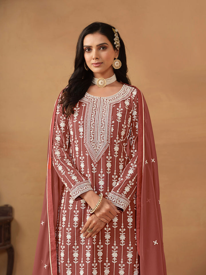 Rose Embroidered Georgette Semi Stitched Kurta With Sharara &amp; Dupatta