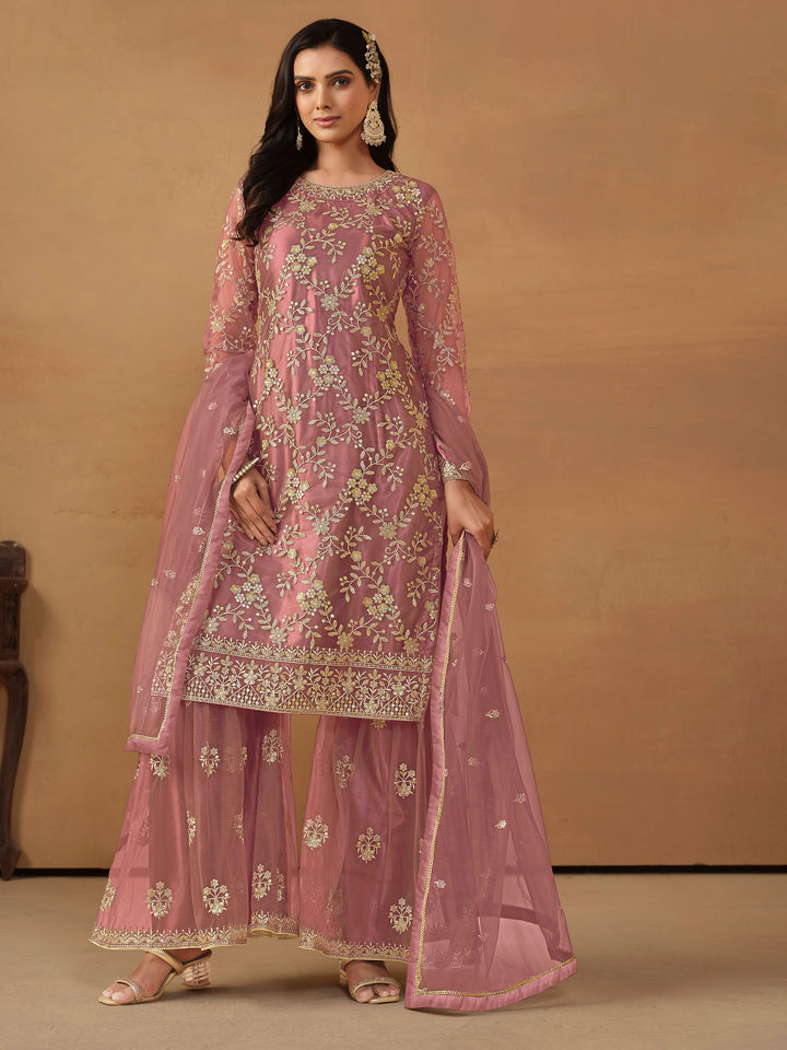 Mauve Embroidered Net Semi Stitched Kurta With Sharara &amp; Dupatta