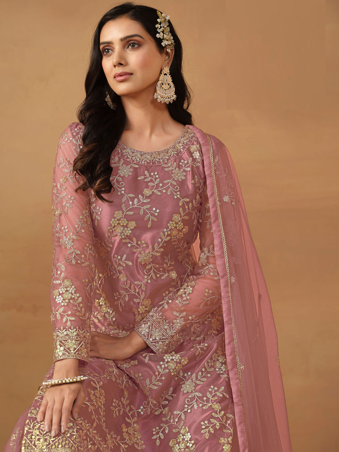 Mauve Embroidered Net Semi Stitched Kurta With Sharara &amp; Dupatta