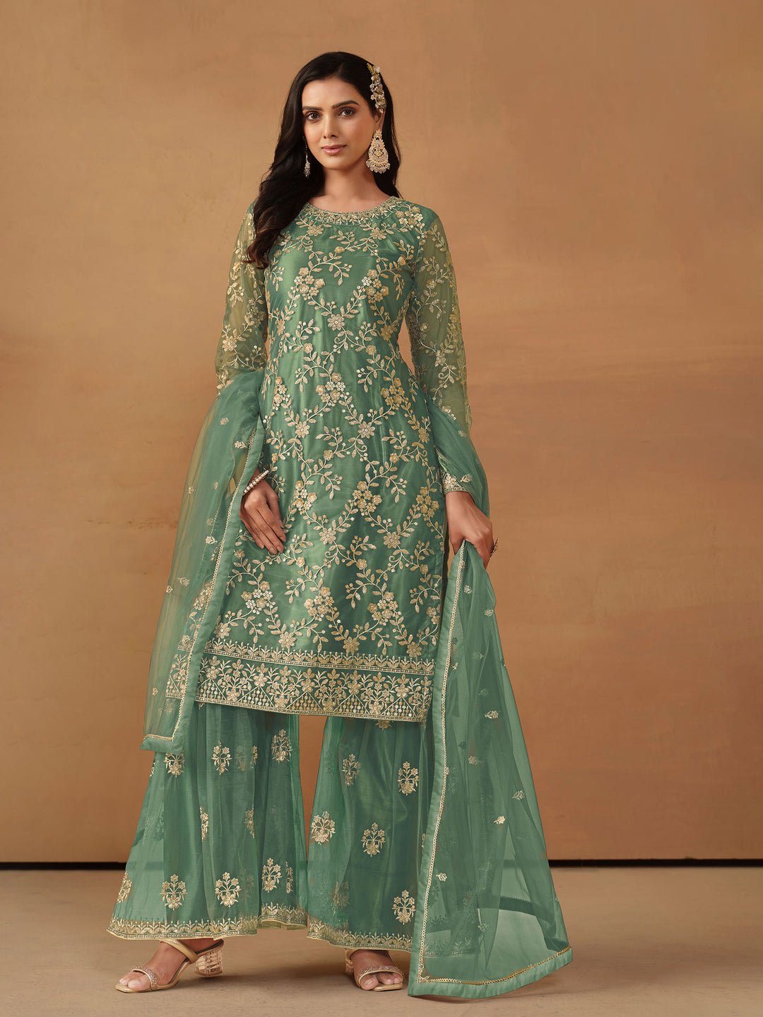 Turquoise Embroidered Net Semi Stitched Kurta With Sharara &amp; Dupatta