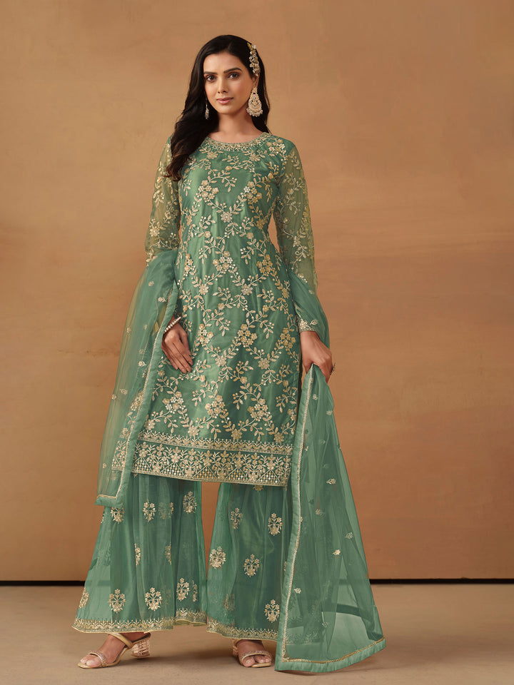 Turquoise Embroidered Net Semi Stitched Kurta With Sharara &amp; Dupatta