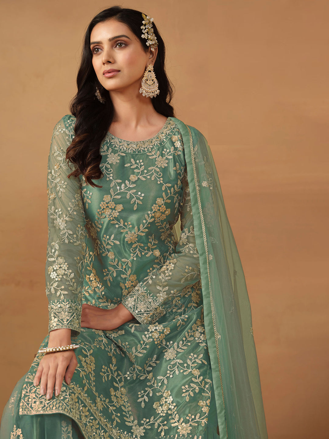 Turquoise Embroidered Net Semi Stitched Kurta With Sharara &amp; Dupatta