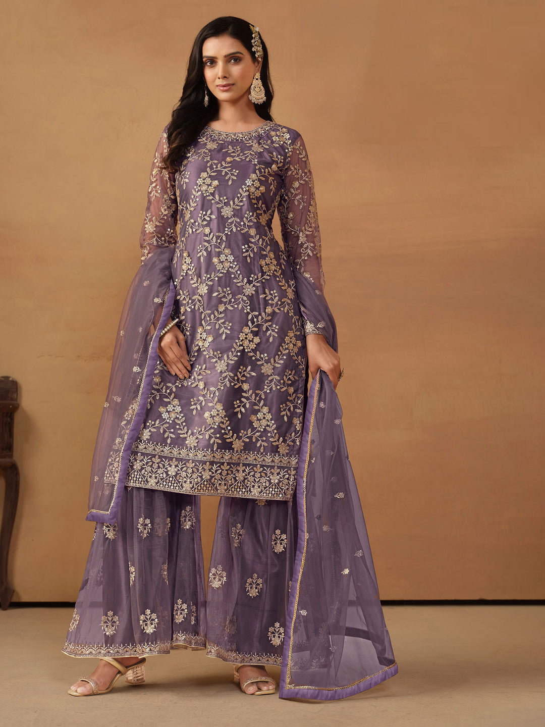 Purple Embroidered Net Semi Stitched Kurta With Sharara &amp; Dupatta