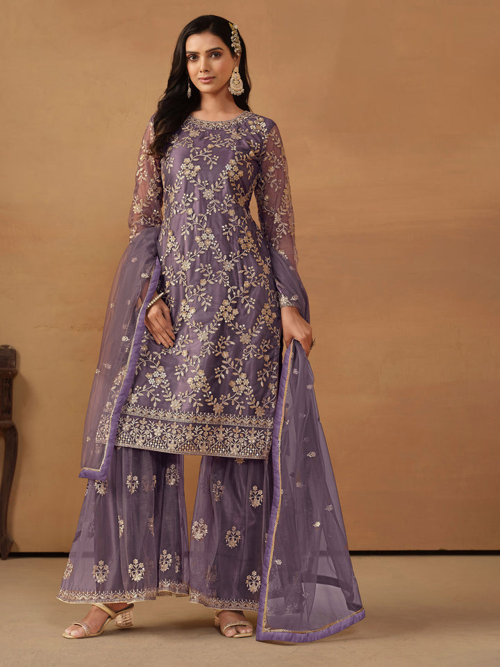 Purple Embroidered Net Semi Stitched Kurta With Sharara &amp; Dupatta