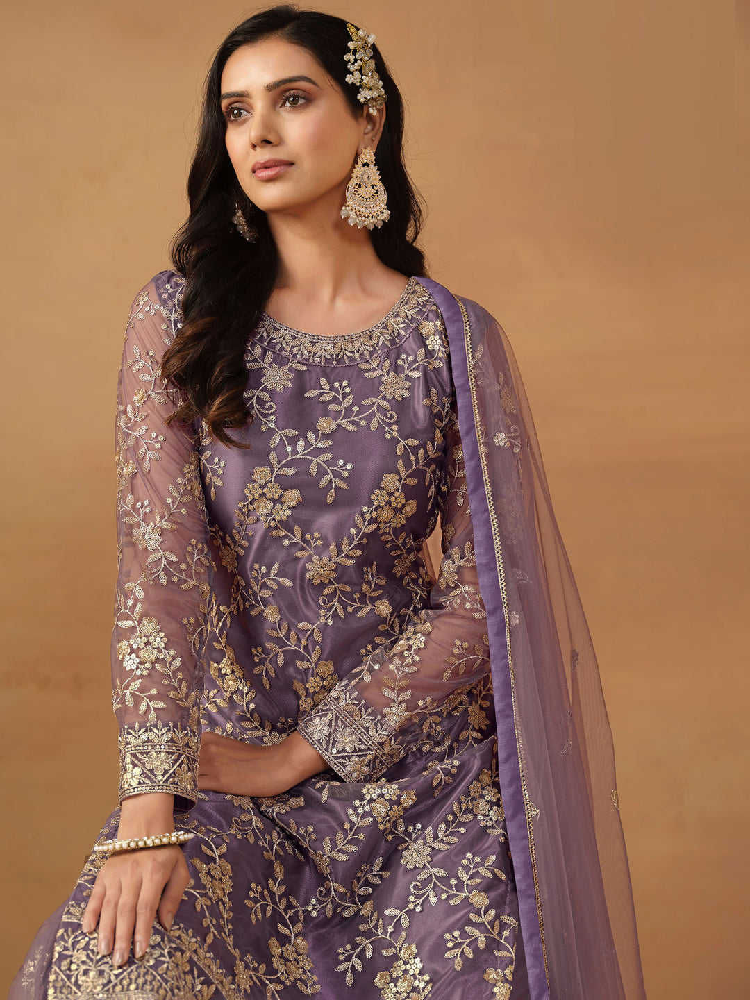 Purple Embroidered Net Semi Stitched Kurta With Sharara &amp; Dupatta