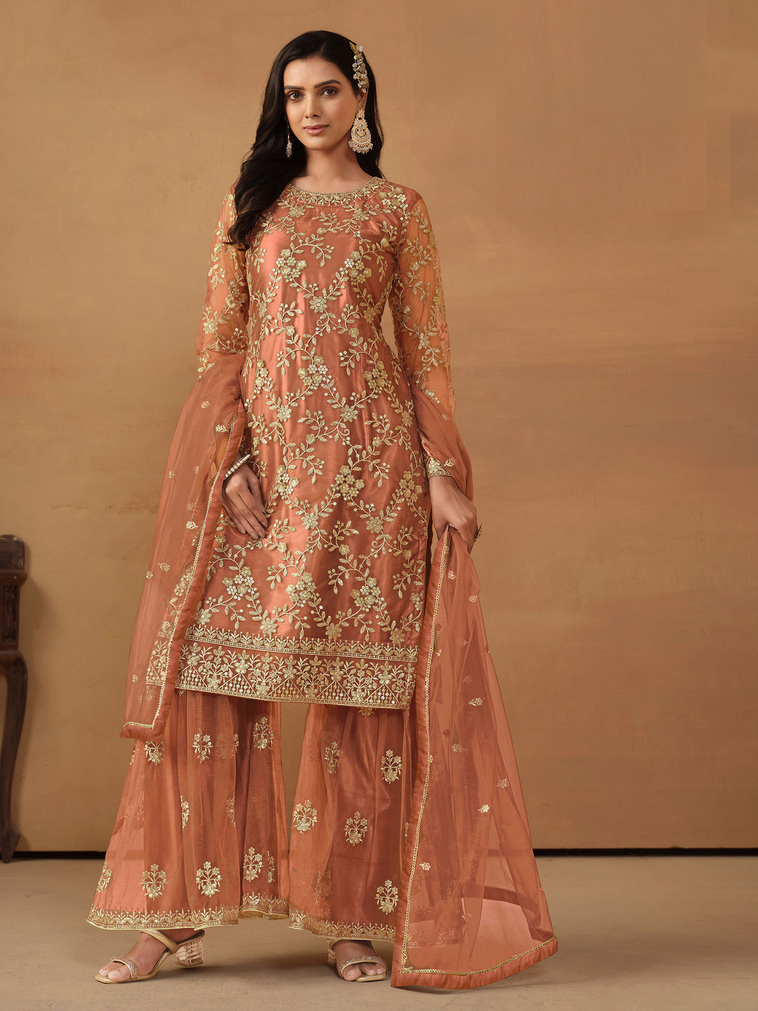 Peach Embroidered Net Semi Stitched Kurta With Sharara &amp; Dupatta