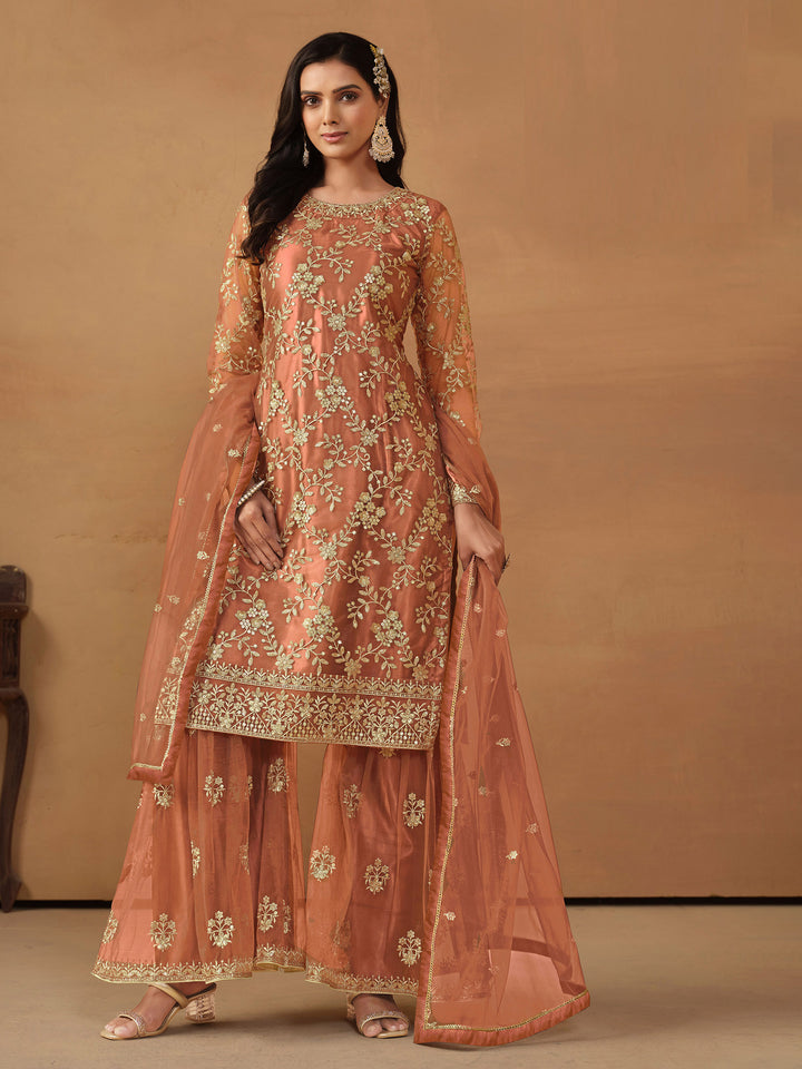 Peach Embroidered Net Semi Stitched Kurta With Sharara &amp; Dupatta